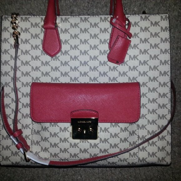 MICHAEL KORS-BRIDGETTE-Large Tote Satchel/Shoulder-Natural/Scarlet-NWT - Picture 3 of 10